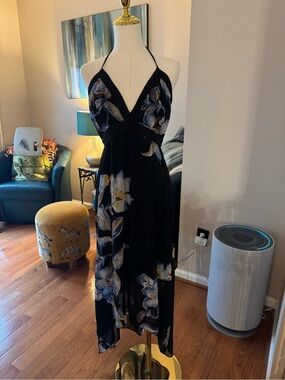 White House Black Market Black Halter High-Low Floral Dress, Size 6